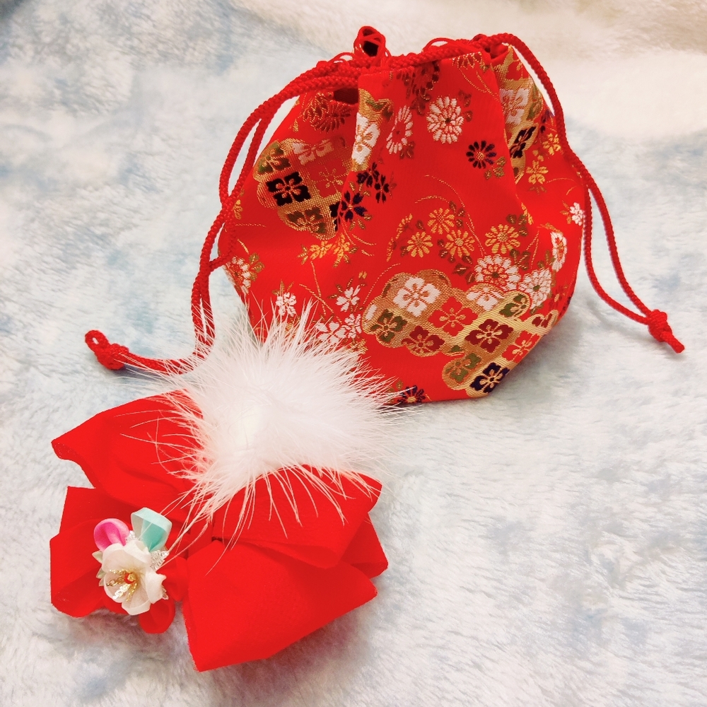 Japan Children girl 7-5-3 kinchaku pouch & handmade ribbon floral hair ornament